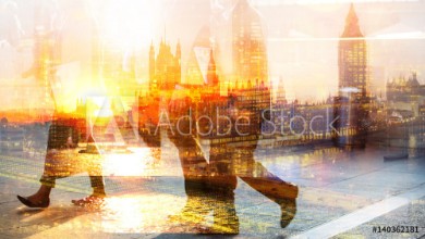 Bild på Feet of pedestrians walking against of London view and Big Ben at sunset Multiple exposure image Modern life concept